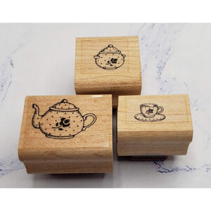 Rose Pattern Tea Pot Cup and Sugar Bowl Set of Three Wood Mounted Rubber Stamps